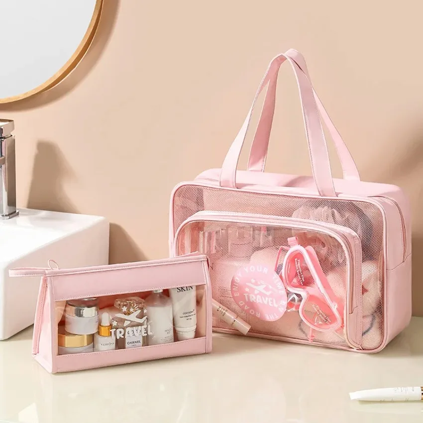 Clear Mesh Swim Bag Set Multilayer Beach Storage Tote Bag Travel Wash Bag Portable Cosmetic Organizer Swimming Gym Handbag