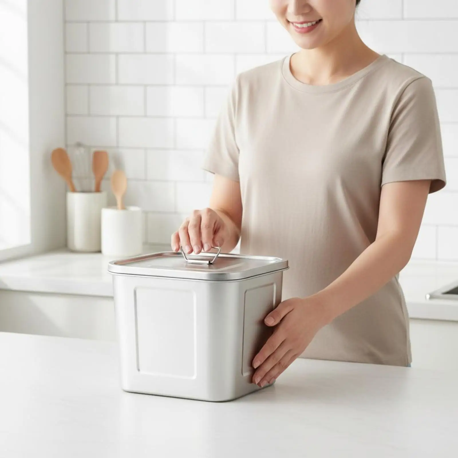 Stainless Steel Bucket Attached Lid Square Steel Bucket Flat Sides Metal Pail