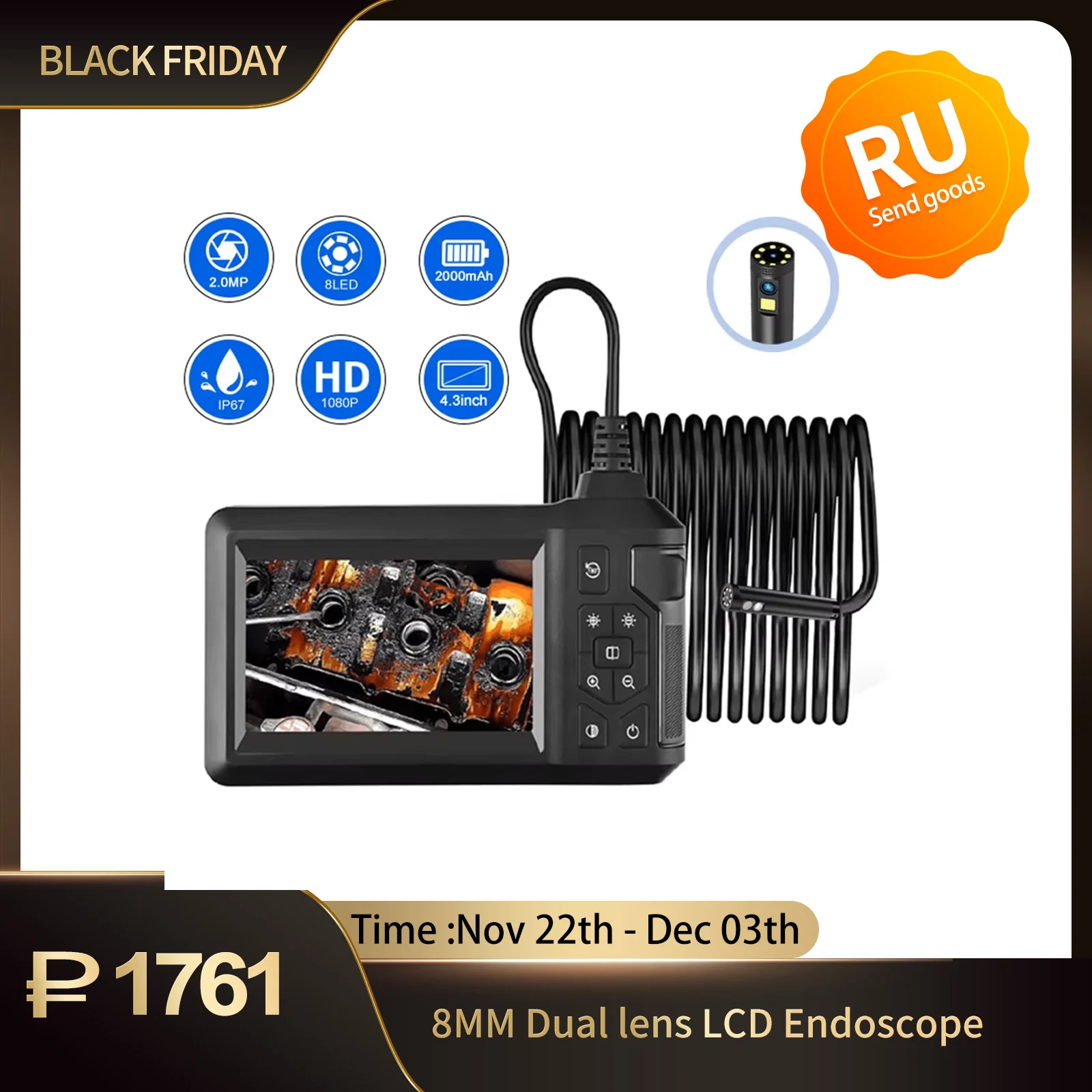 Dual Lens Industrial Endoscope 8mm IP67 Waterproof Camera Sewer Camera with 4.3\