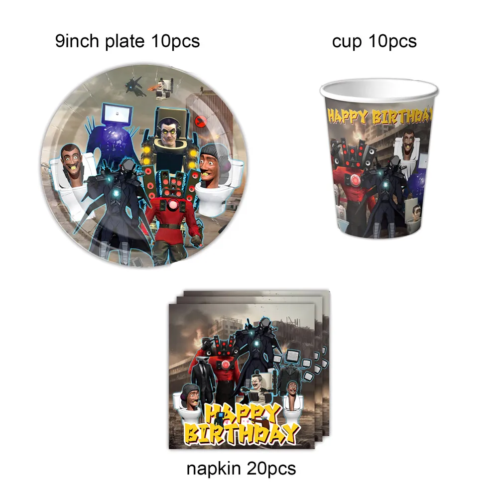 Skibidis Toilet Theme Birthday Party Disposable Tableware Backdrop Decor Battle Robot Monitor Banner Boy Gift Photography Props