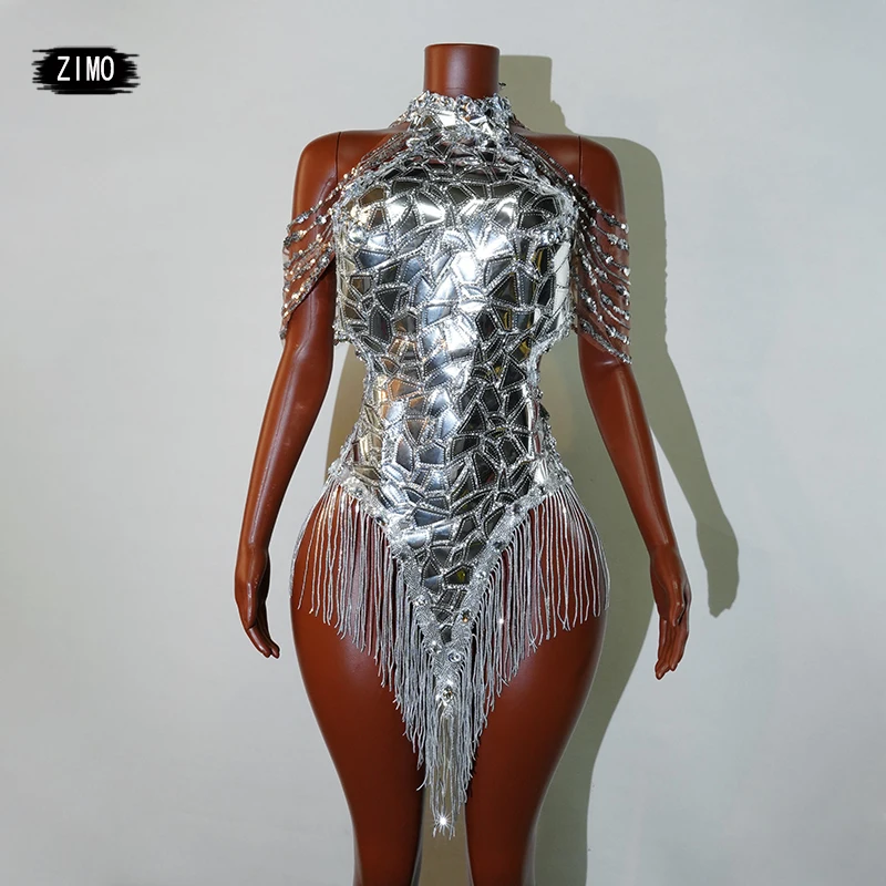 

lamorous Silver Mirror Dress for Nightclub Birthday Party & Latin Dance Stage Performance with Sexy Cha Cha Outfit Gala Dresses