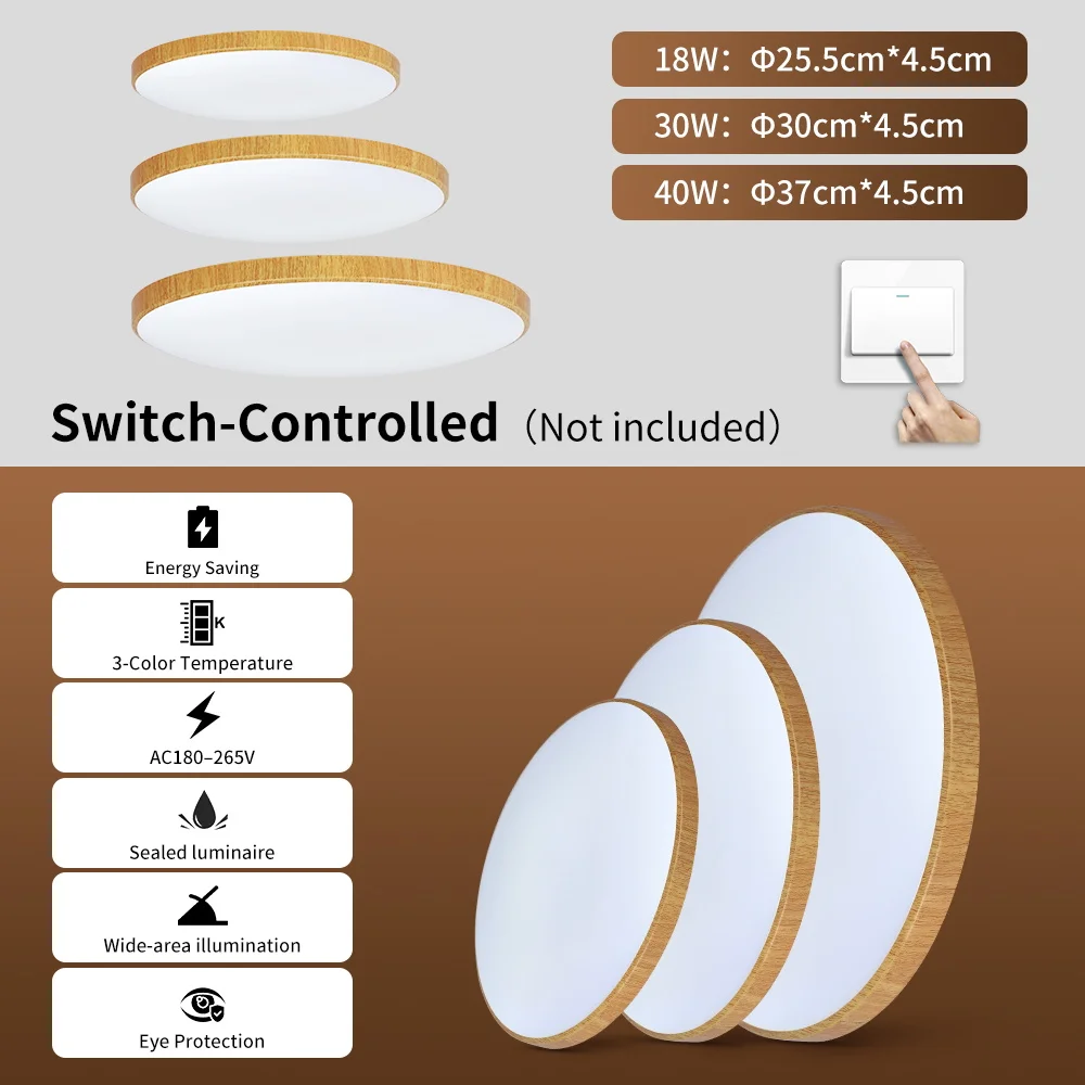 Dustproof Ultra-thin LED Ceiling Light 220V Wood Grain Ceiling Lamp18w 30W 40W For Living Room Decor Bathroom Lighting Fixture