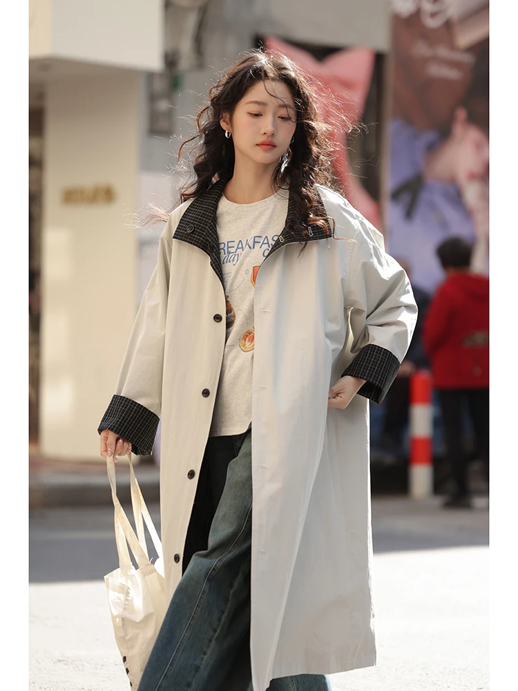 

Двусторонняя длинная женская куртка-пальто светлого цвета, уличный стиль, свободный крой, весна-осень, сезонная верхняя одежда