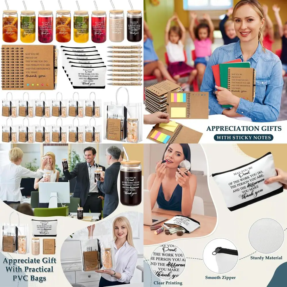 

Bulk 60-Piece Employee Gift Set: Glass Cups, Makeup Bags, Bamboo Pens, Inspirational Notebooks for Valentine's Day Celebrations