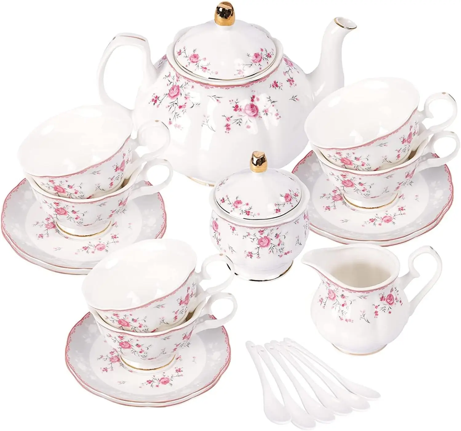 

Vintage Porcelain Tea Set with Pink Roses, 6-Cup Floral Teapot Set for Wedding Party & Home Decor