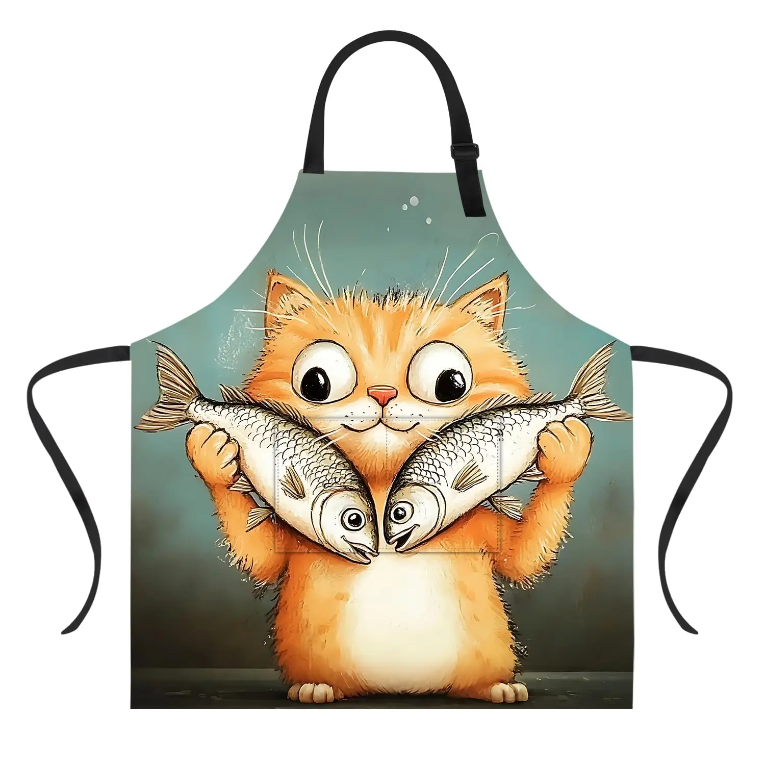 

Funny Cat and Fish Apron with Pockets Waterproof for Men Women Kitchen Garden Decor