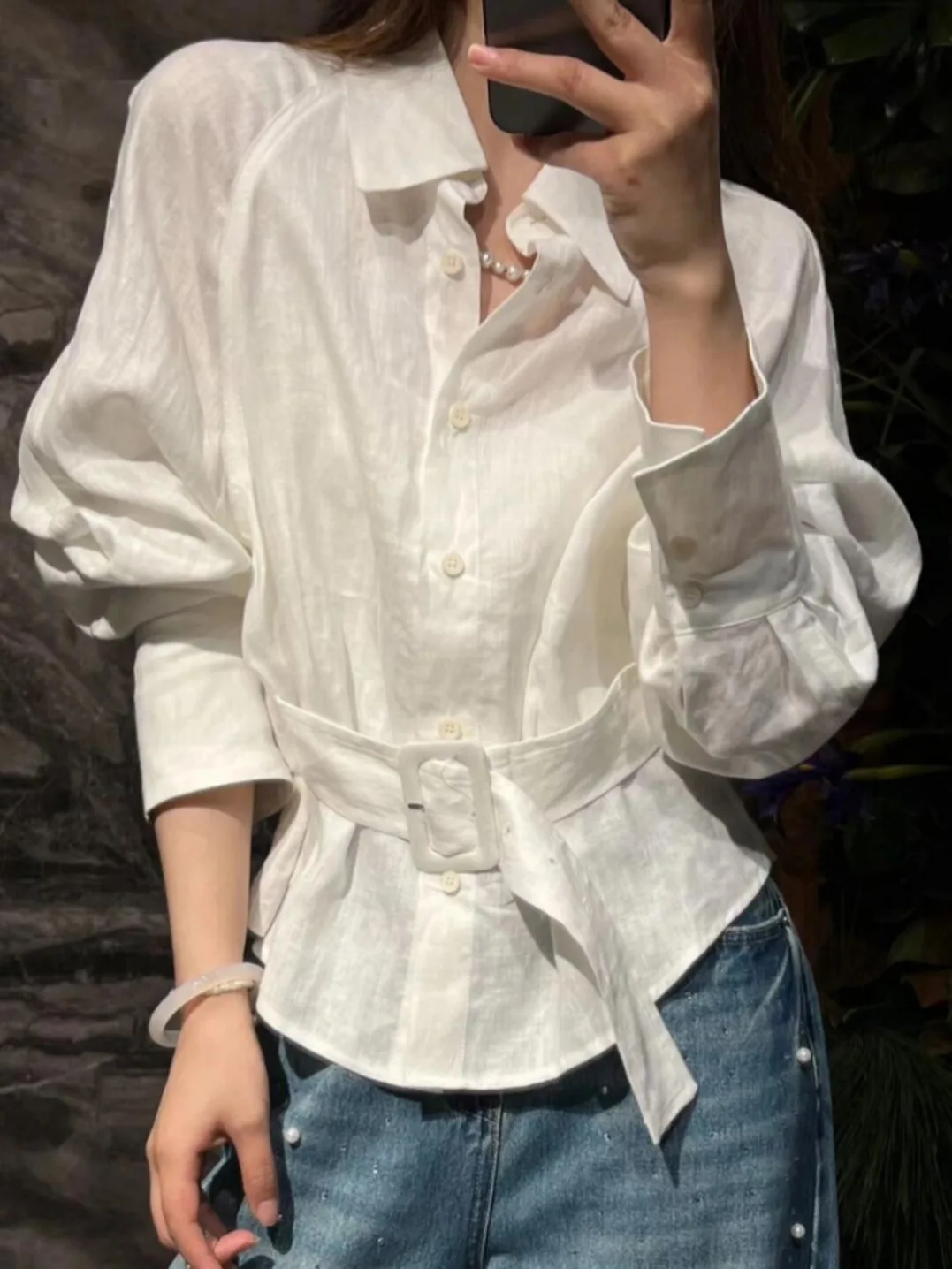 

Корейская женская хлопковая рубашка с длинным рукавом, приталенная, с воротником, с поясом, весна 2026, модная, с эффектом утяжки талии