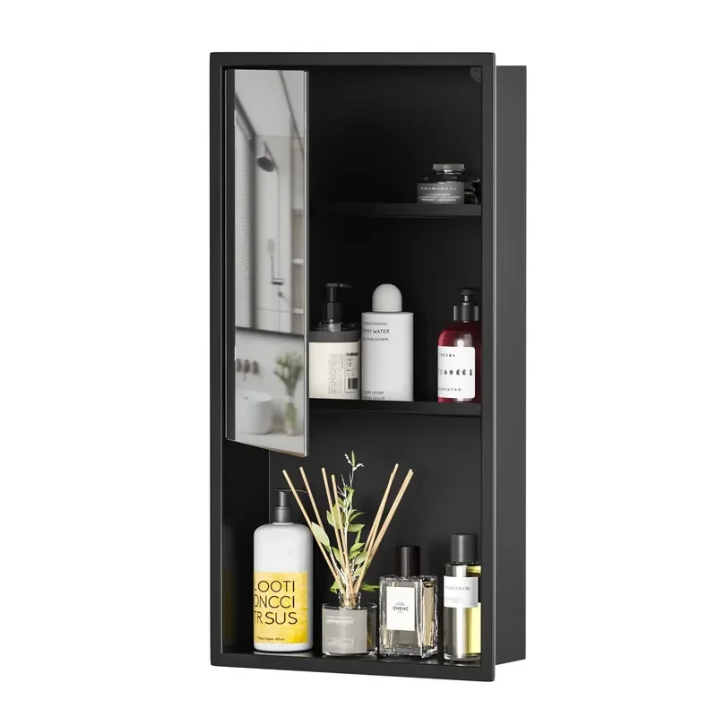 Bathroom Shower Niche Products SUS 304 Stainless Steel Glass Door Bathroom Organizer Matte Black Surface Embedded Structure
