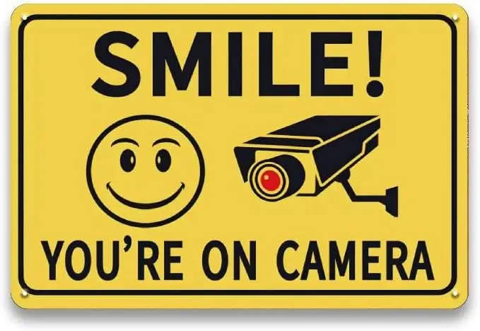 YOYI ART Smile You're on Camera Signs -   Metal Video Surveillance Signs Outdoor, Security Camera Signs Warning, Smile Your