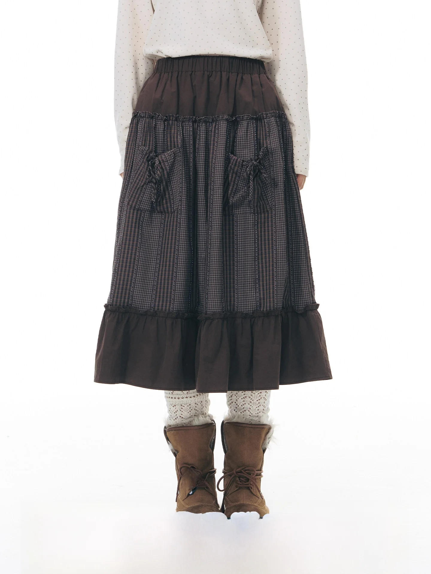 

TAKEANAP Original Plaid Splicing Wooden Umbrella Skirt Women's A-Line Elastic Waist Midi Length f Skirt New