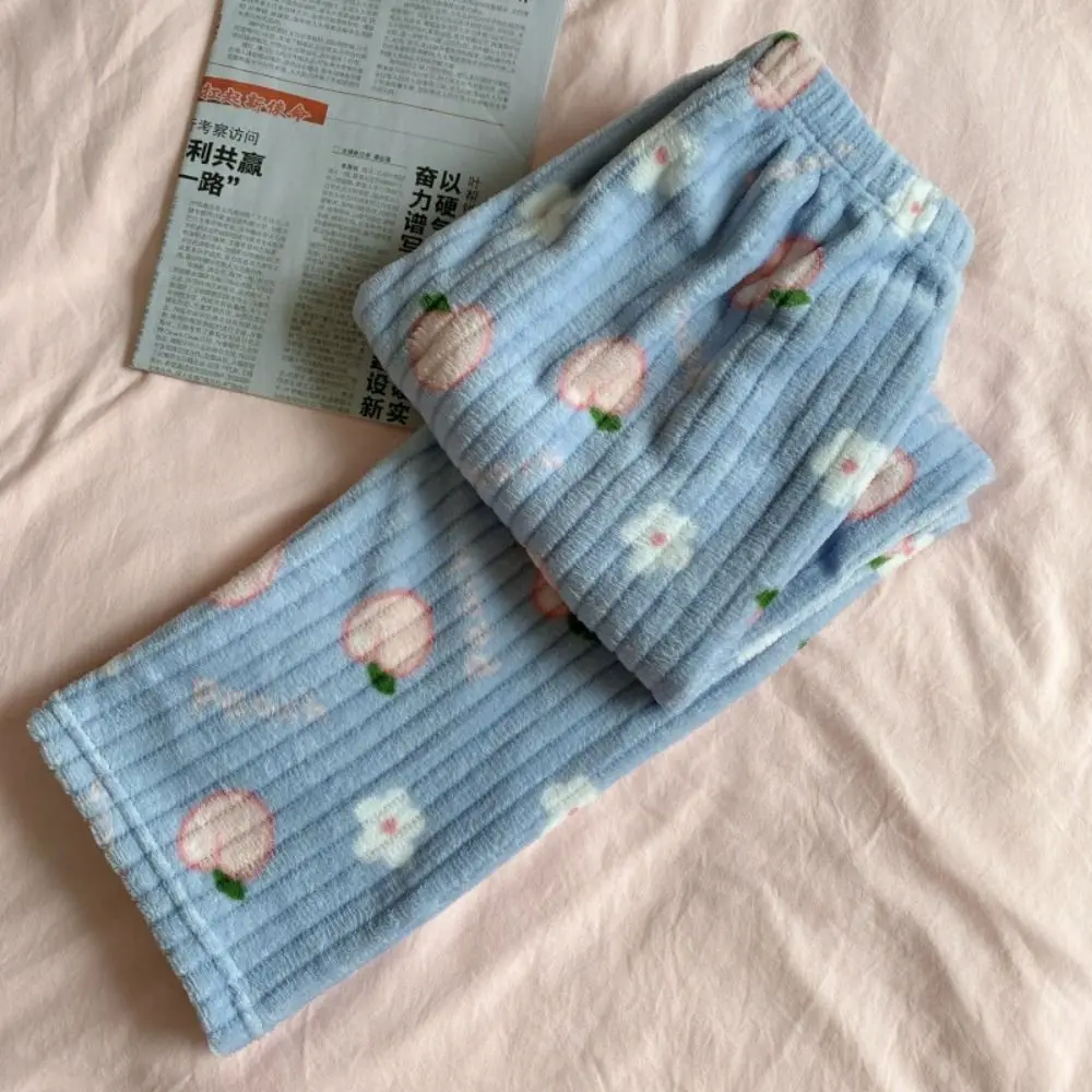 Creative Bowknot Peach Pajama Pants Loose High Waist Flower Fleece Trousers Home Clothing Sweet Coral Fleece Pants Girl