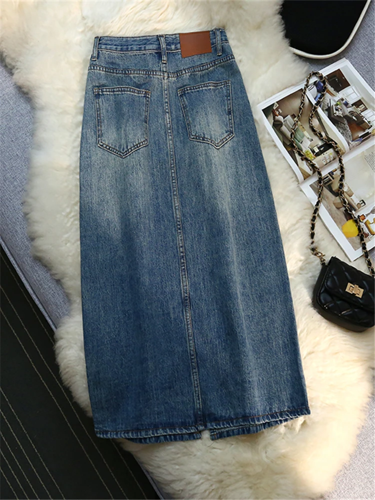 2023 novo botão de cintura alta jeans envoltório a-line saias femininas azul primavera verão frente split denim saias compridas das mulheres