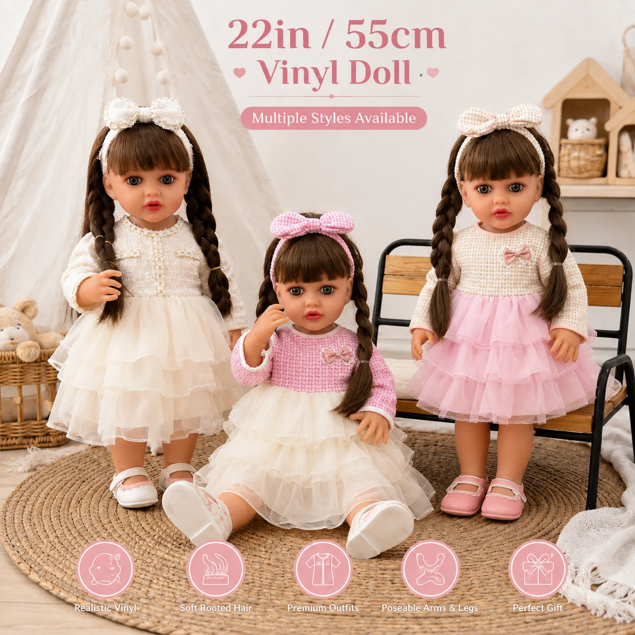 22 Inch 55cm Vinyl Baby Doll with Outfit Set Sequin Tulle Dress Princess Toy Gift Multiple Styles Clothes for American Girl Doll
