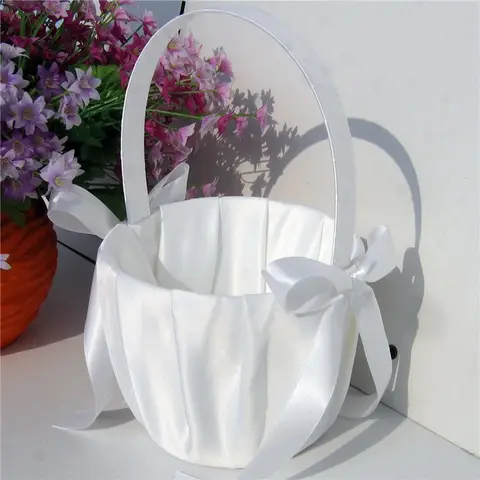 Elegant Wedding Flower Girl Basket White Cute Satin Holder Ring Pillow Flower Storage Basket for Party Wedding Decoration