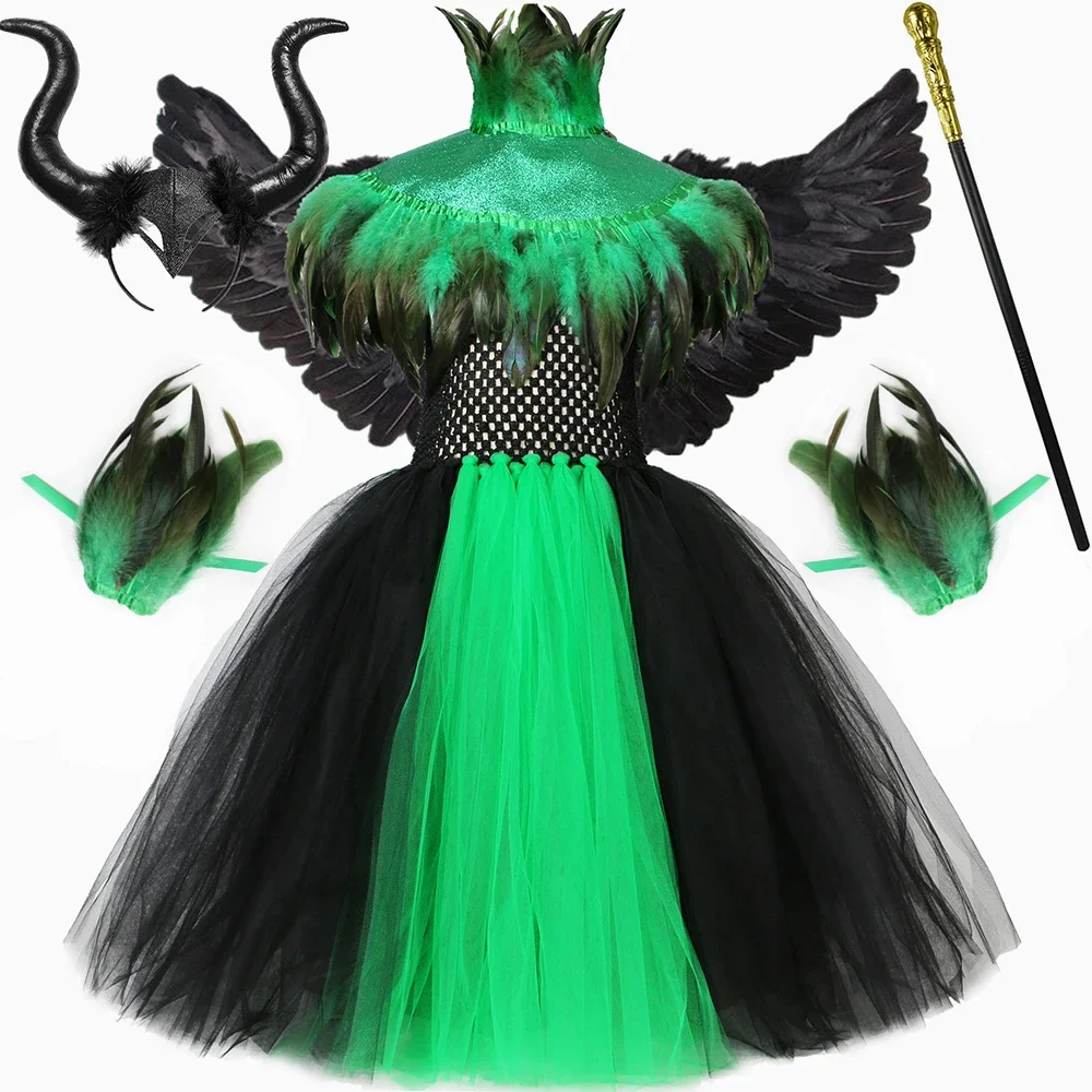 

Halloween Witch Costume for Kids Girls Evil Queen Malefice Cosplay Tutu Dress Clothes Feather Cape Children Carnival Fancy Dress