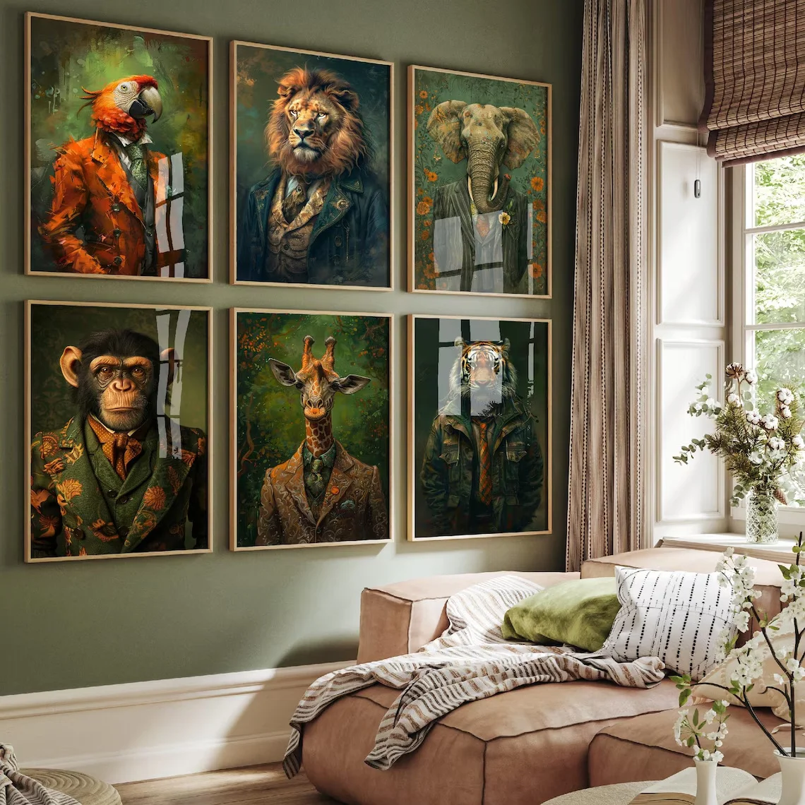 6pcs/set Anthropomorphic Animal Suit Art Canvas Print Lion Elephant Tiger Giraffe Monkey Parrot Wall Art Poster for Home Decor