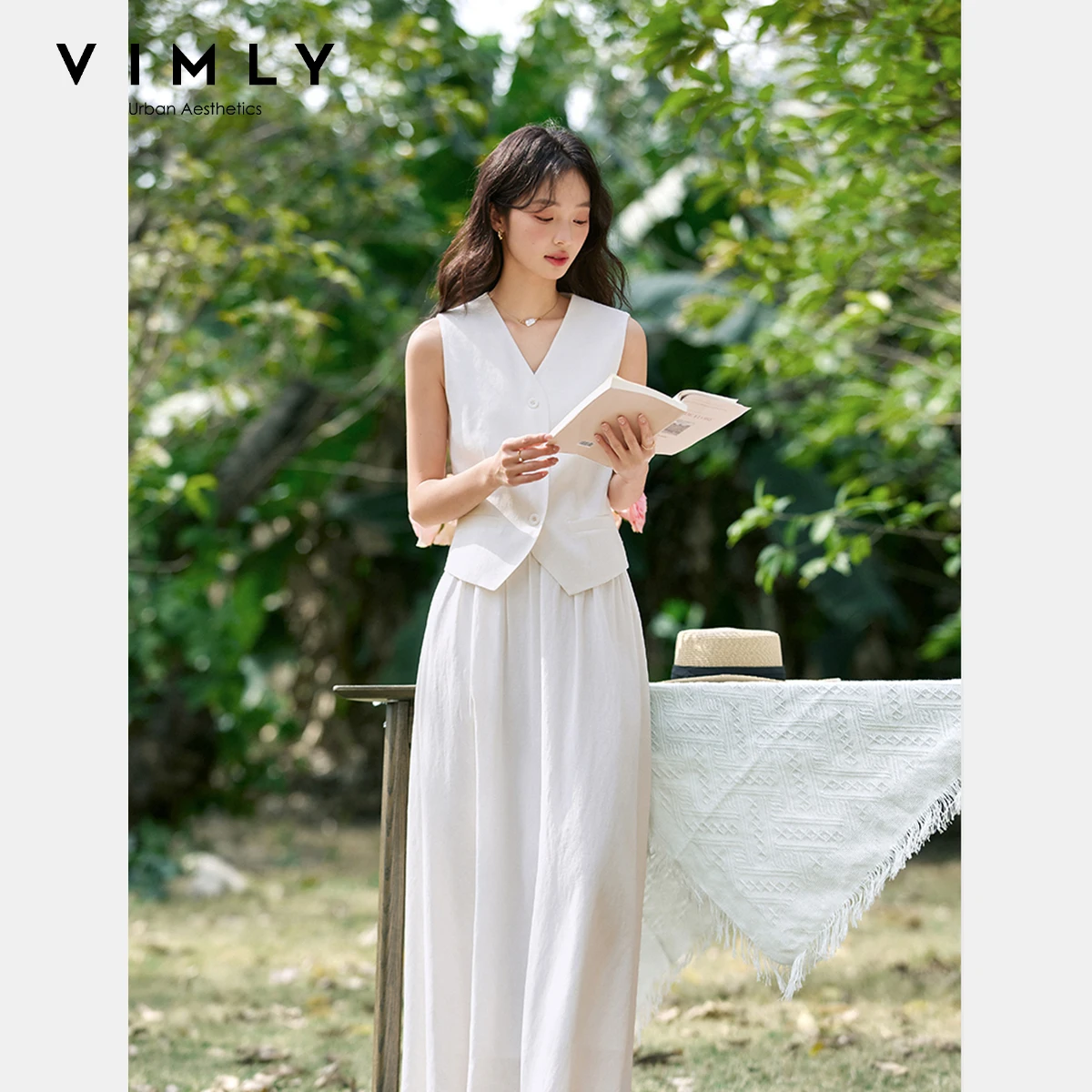 

VIMLY Women's Summer Skirt Suit 2 Piece Co Ord Sets Woman Outfit White Waistcoat Skirt 2025 Ladies Office Clothing Set A1162