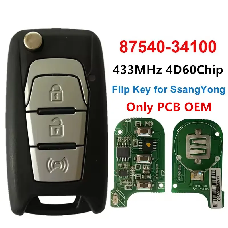 KEYECU ORIGINAL PCB Flip Key for SsangYong Korando Actyon C200 3 Buttons 433 MHz 4D60 Chip Part Number 87540-34100 34000 34200
