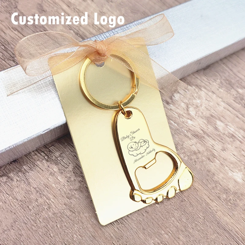 Personalized Baby Shower Gifts gold Foot Shaped Keychain Bottle Opener Favor Baptism Celebration Party Souvenir Gifts For Guests