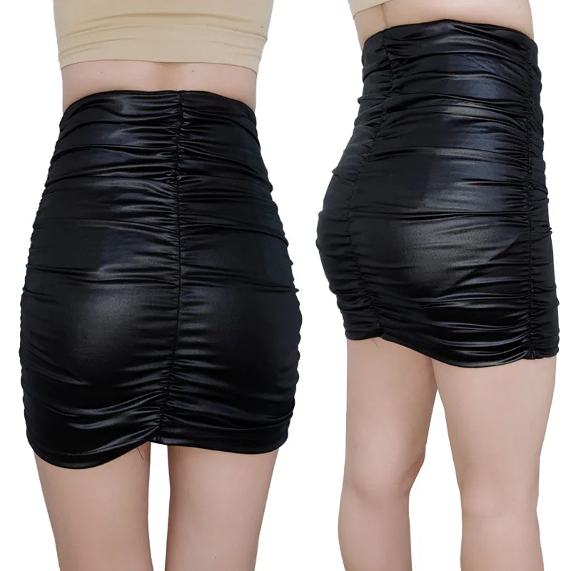 New Women Pleated Bodycon Skirt High Waist Faux Leather Skirt Female Solid Sexy OL Office PU Mini Pencil Skirts Mujer Black 3XL