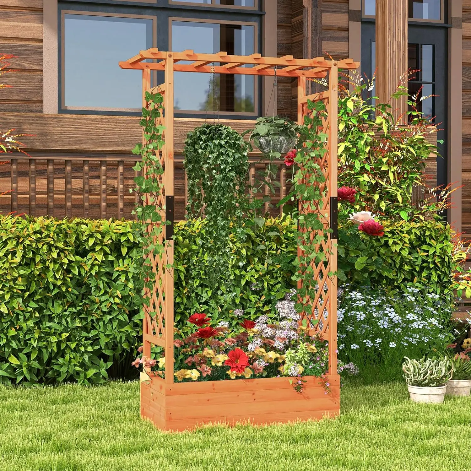 Giantex Raised Garden Bed with 2-Sided Trellis & Hanging Roof, Fir Wood Planter Box w/Drainage Holes, Bottom Gaps, Freestanding