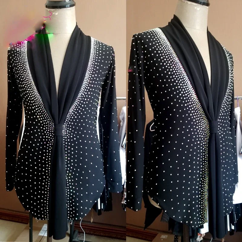 Camisas de baile latino para hombre, manga larga, cuello en V, diamantes de imitación brillantes, Top de actuación de competición, ropa de espectáculo de Tango Cha Tango DNV12162