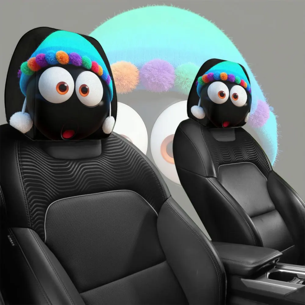 Knitted cap cartoon funny expression universal eco-friendly car decoration headrest cover two-piece set, perfect holiday gift