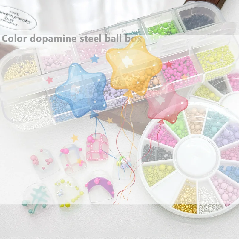 12 Grids/Box Candy Colors Nail Art Beads, Macaron Caviar Beads 3D Steel Ball For Nail Designs Decoration
