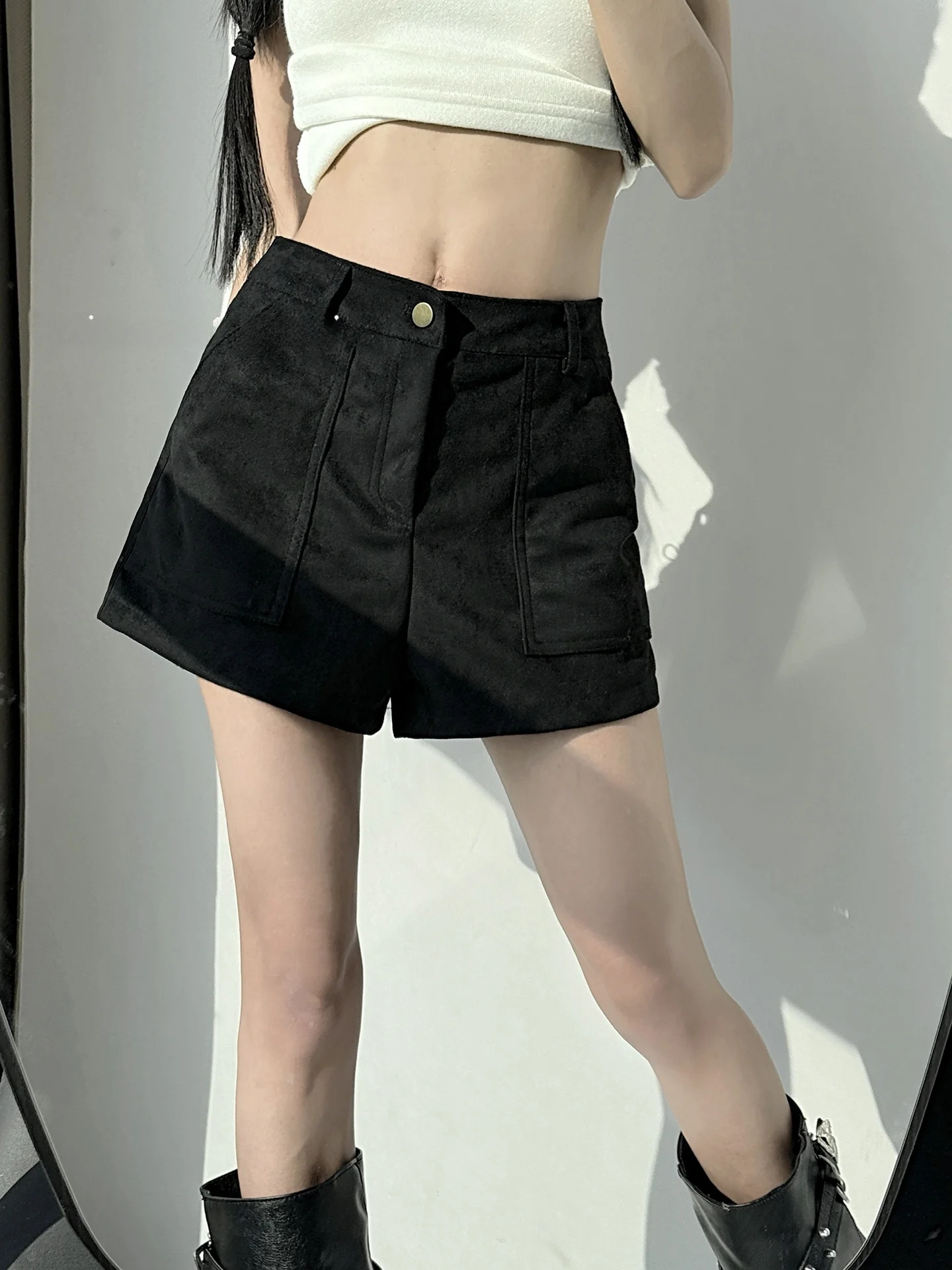 

Женские кожаные брюки MianCun с высокой талией, прямые, весенние, с большими карманами, эффект похудения