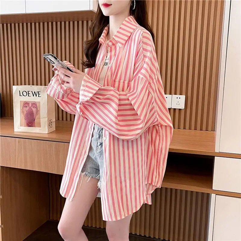 Loose Casual Striped Women\'s 2024 New Spring Autumn Spliced Polo Collar Button Pocket Fashion Loose Long Sleeved Blouses Shirts