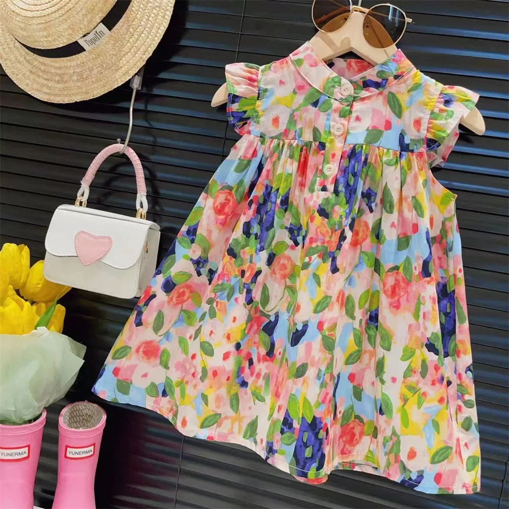 2 To 7 Years Girl Dress Girls Casual Dresses Flower Printing Ruffled Sleeveless Casual Dress Kids Dresses For Girls