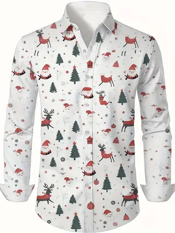 Christmas Festival Theme Men's 3D Printed Formal Shirts Santa Claus Elk Graphic Long Sleeve Shirt Fashion Men's Shirts For Men