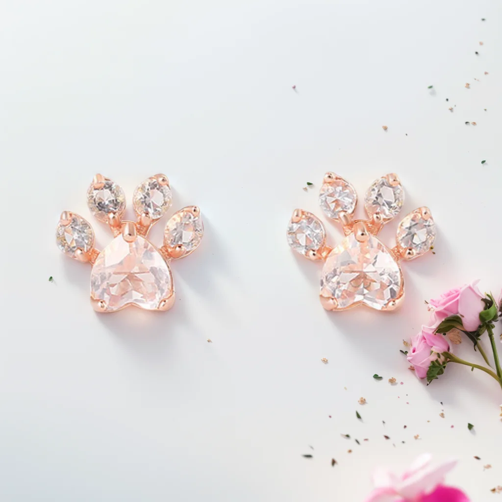 Cute 925 Silver Earrings Cat Paw Design with Natural Rose Quartz Rose Gold Plated Ideal for Women Gift Fine Jewelry Dropshipping