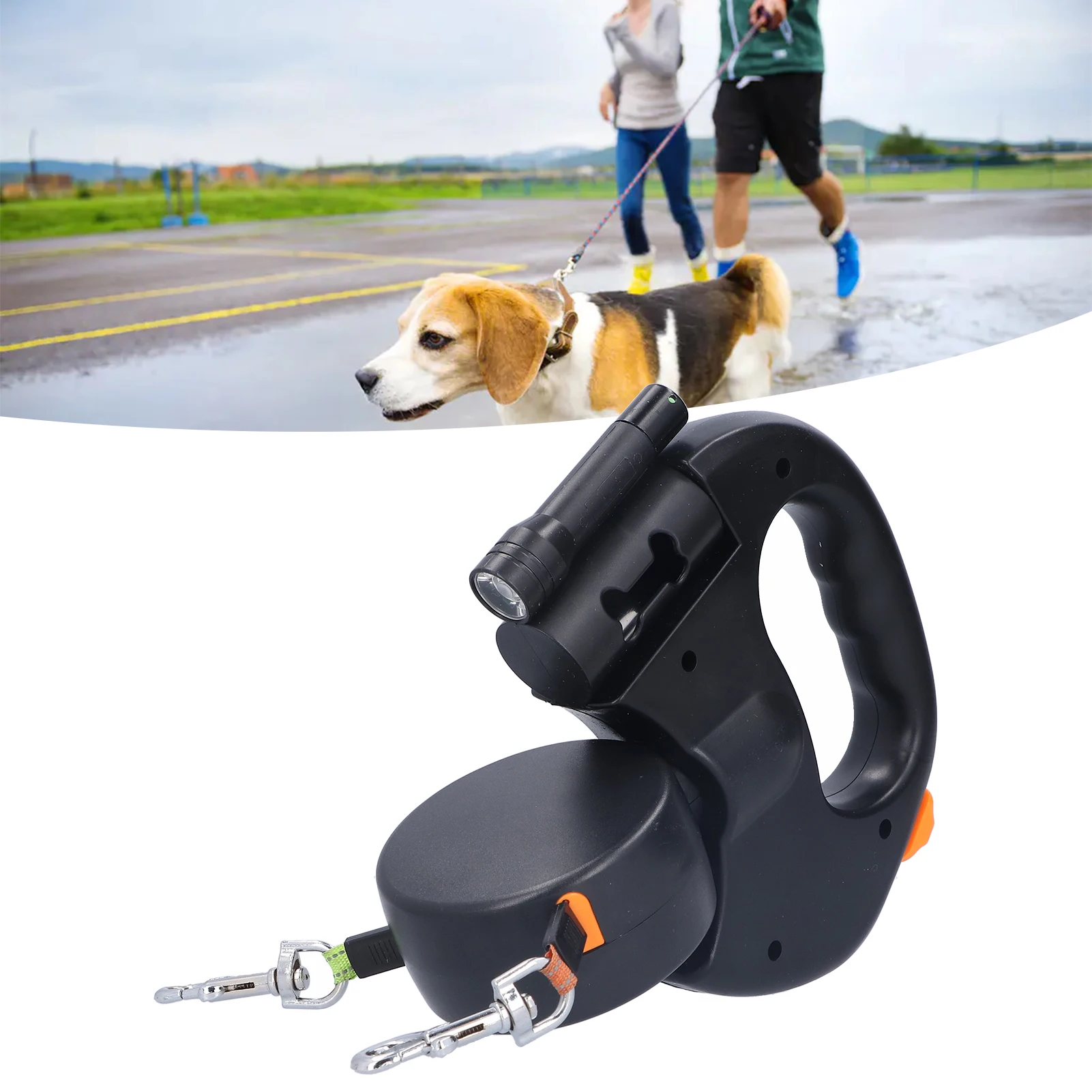 ZK20 Automatic Retractable Pet Leash 1 Tow 2 Retractable Double Dog Leash with Flashlight and Bag Dispenser