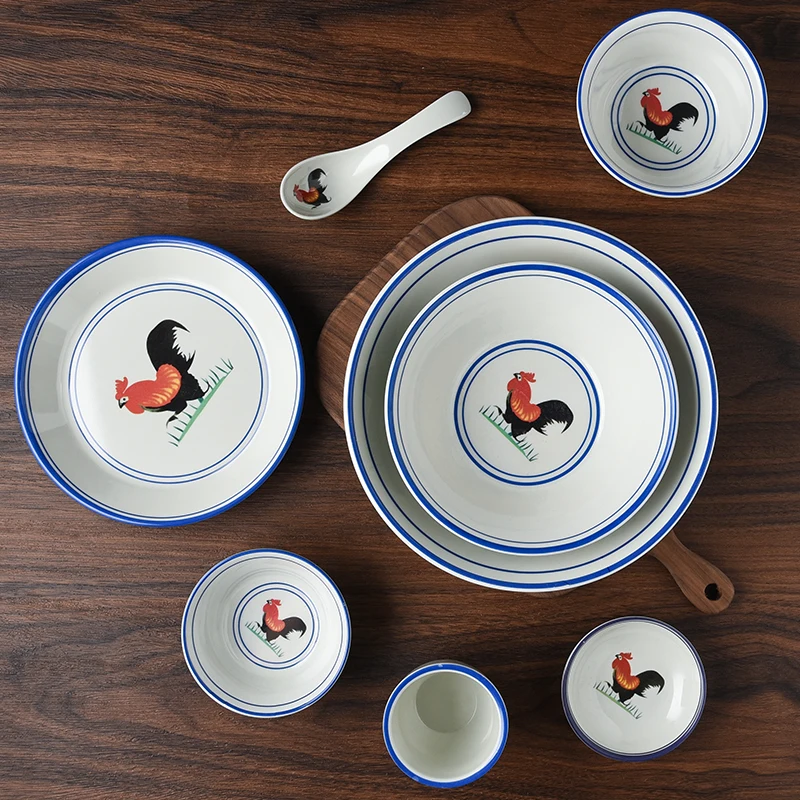 Sushi Sashimi Plate Food Display Round Melamine Tableware Set Cafeteria Supplier Double Lattice Dish Cock Pattern Noodle Bowl