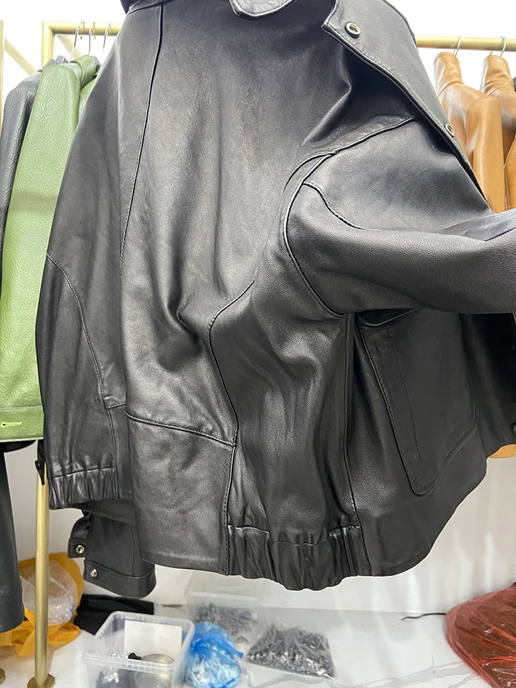 Frühling Damen schwarz echtes Schaffell Lederjacke Mantel Echt leder kurze Jacke Mantel