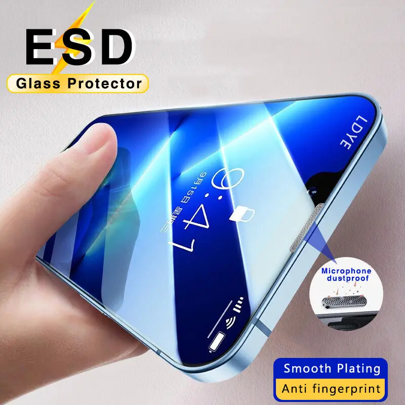 

ESD 3D Full Cover Plated Smooth Anti fingerprint Tempered Glass on For iPhone 13 12 11 14 Pro Max Plus XR XS Screen Protector