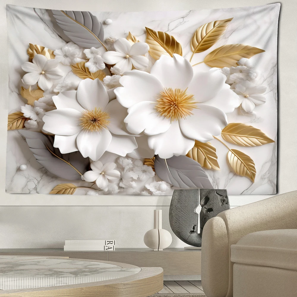 Golden Leaf White Flower Tapestry Wall Hanging Bohemian Minimalist Art Hippie Bedroom Living Room Home Decor Background Cloth