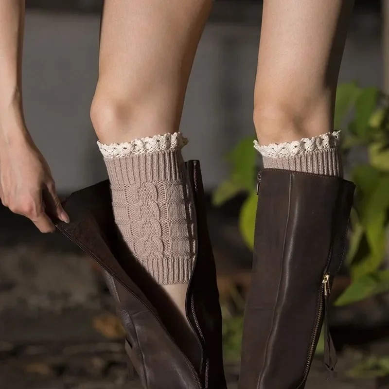 Knitted Woolen Leg Warmers Warm Sock Boots Cover Autumn / Winter Short Lace Sock Cover for Women SA291