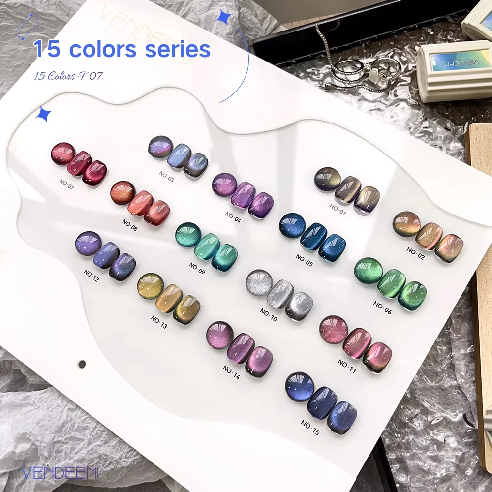 Vendeeni 15 Farben/Set Kristall-Katzenaugen-Gel-Nagellack Magnetischer UV-Soak-Off-Gel-Lack 9D Aurora Katzenaugen-Nagelkunst-Gel-Lack – Detail 3