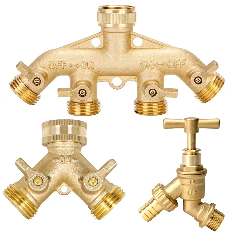 Garden Tap Y-Type Watering Connector Distributor for Outdoor Faucet 3/4 Inch 2/4-Way Brass Garden Hose Splitter