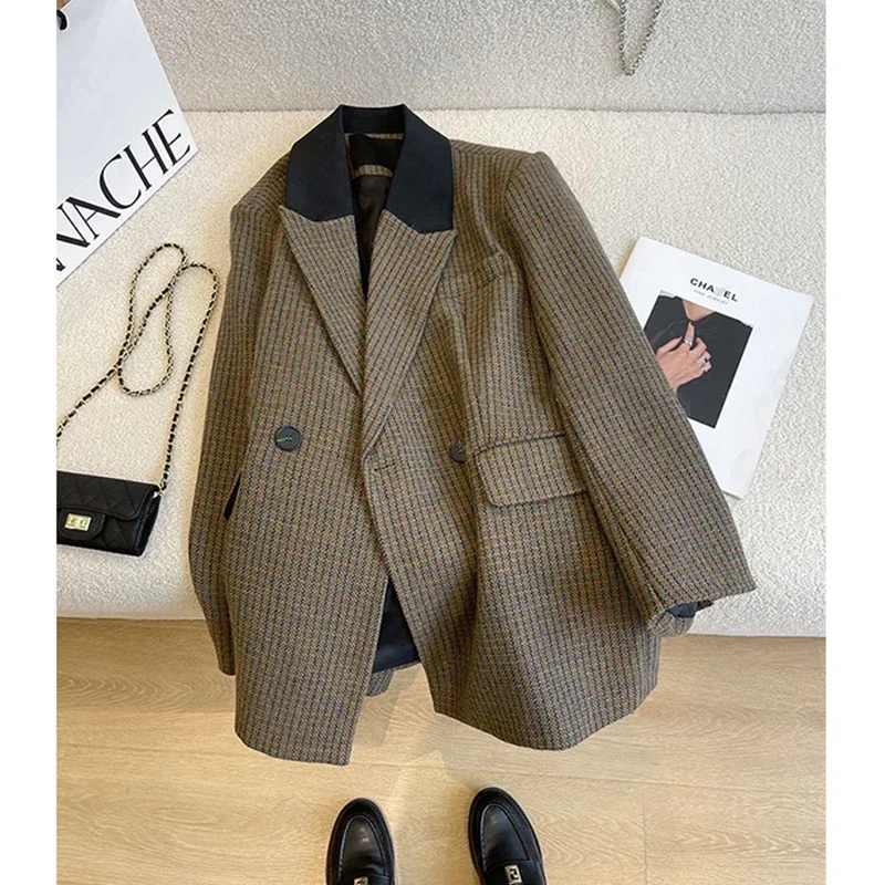 

Vintage Wool Blends Coats Women Elegant Houndstooth Blazer Winter Korean Thicken Jacket Office Ladies Plaid Suit Outerwear New