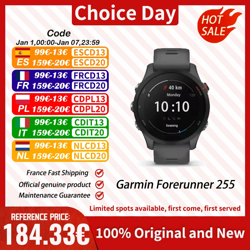 Garmin Forerunner 255 sport Smartwatch 46mm 1.3 ''écran couleur 14 jours d'autonomie de la batterie 4GB RAM NFC Bluetooth Wifi 5ATM étanche
