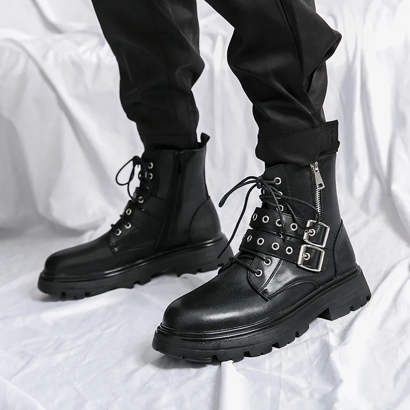 Botas Chelsea de cuero para hombre, botines de motorista gótico, informales, para exteriores, color negro, de marca de lujo, novedad, MO-51382