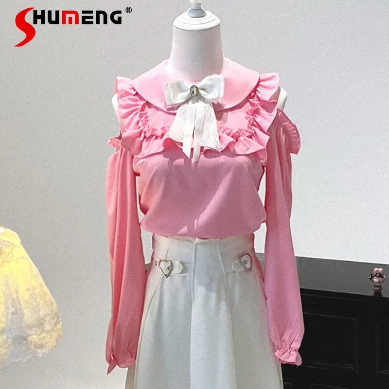 

Нежно-розовая блузка с кружевным воротником и вырезами, с открытыми плечами, милый кавайный стиль, длинные рукава, рубашка в стиле Лолита, женская повседневная одежда для вечеринок