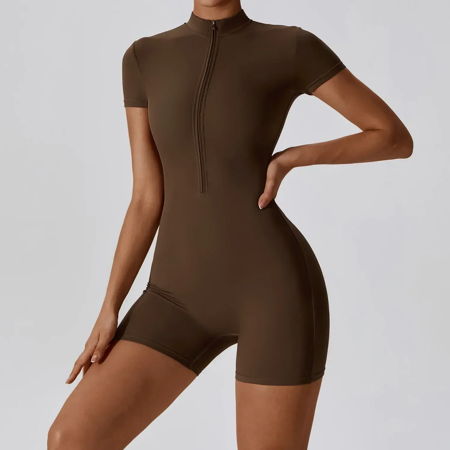 

Short Sleeve Zipper Yoga Workout Jumpsuit Short Playsuit Women Romper Gym Fitness Overalls One Piece Training Sport Suit Unitard
