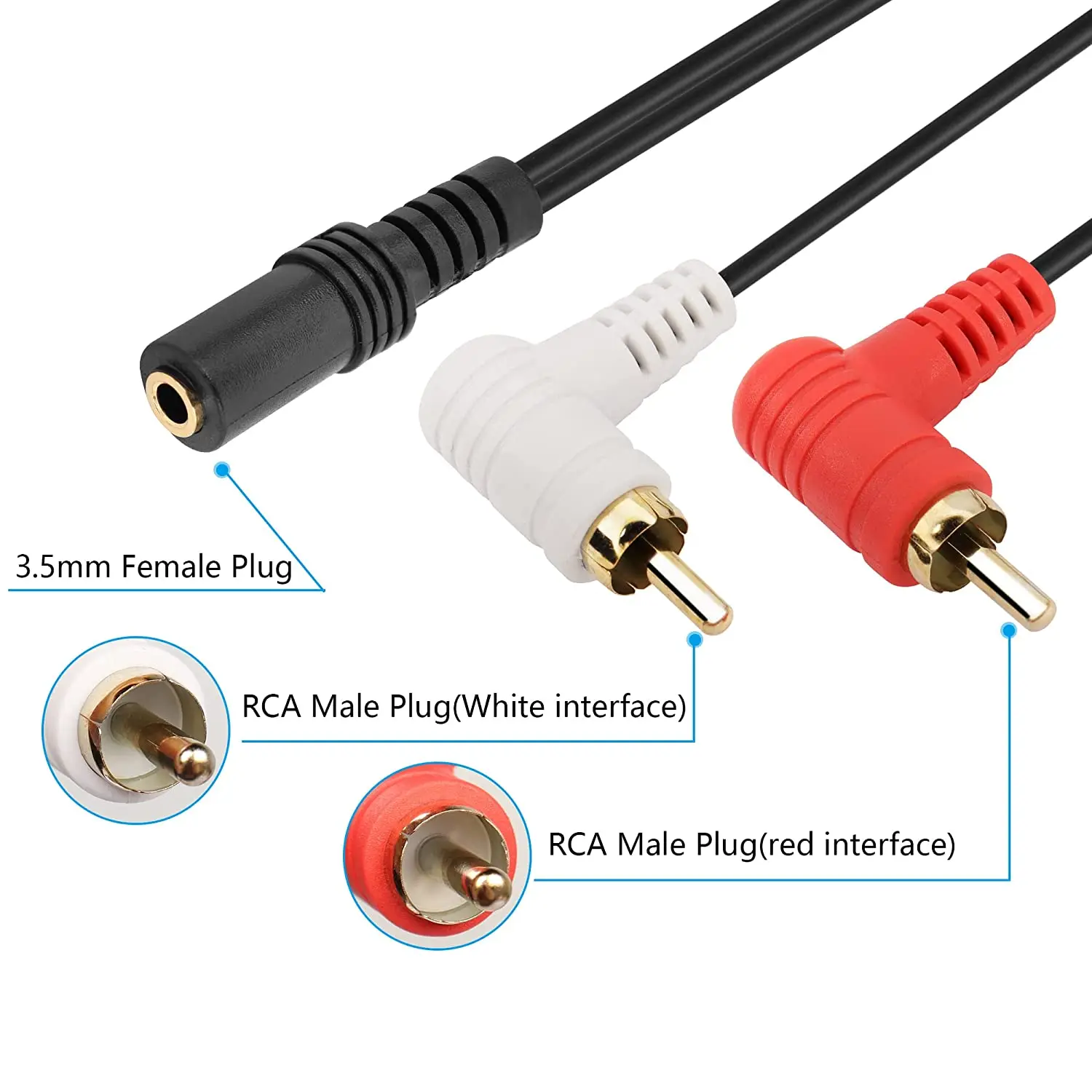 3.5 ملم 1/8 بوصة ستيريو أنثى صغيرة إلى 2 ذكر مزدوج RCA 90 درجة محول الزاوية اليمنى كابل الصوت Y للتلفزيون والهواتف الذكية والأجهزة اللوحية ومكبر الصوت