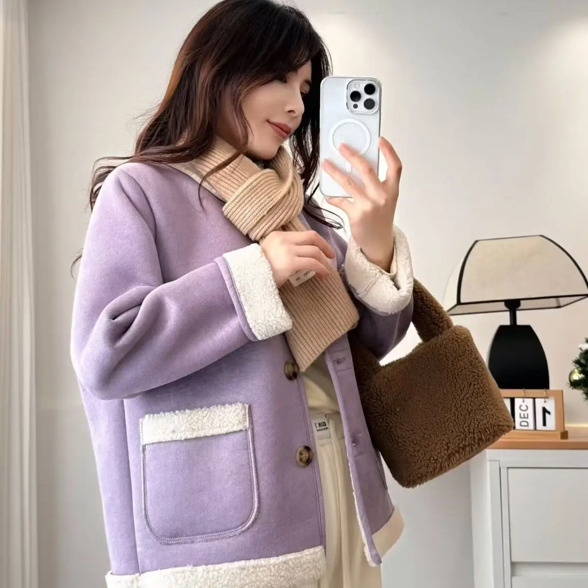 جاكيت تويد نسائي بأكمام طويلة للخريف مع شراشيب متعدد الوظائف، سترة بومبر مزدوجة الجانب مرنة مع رقع وأصفاد وأزرار