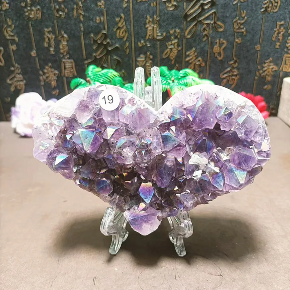 Natural quartz crystal plated multicrystalline cluster heart chakra home decoration