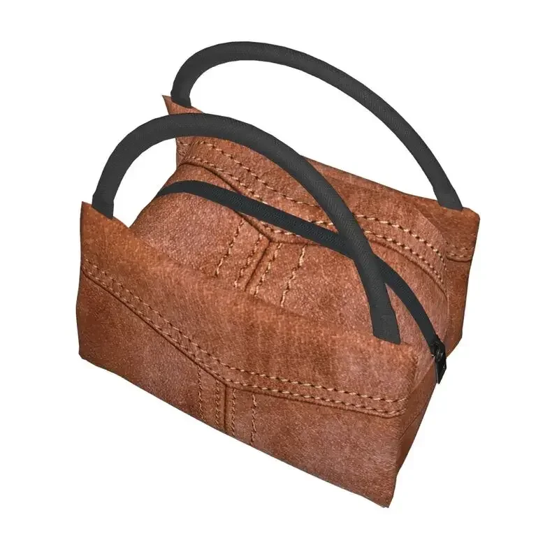 Brown Leather Texture Print Portable Lunch Box for Women Multifunction Medieval Style Cooler Thermal Food Insulated Lunch Bag